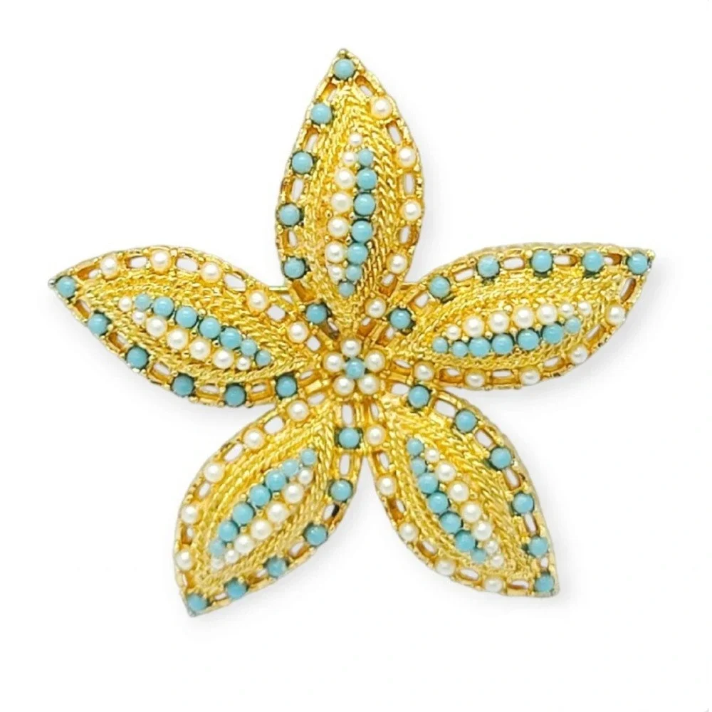Vtg Sarah Coventry Gold Tone Faux Pearl & Turquoise Starfish Brooch Signed 2 1/4